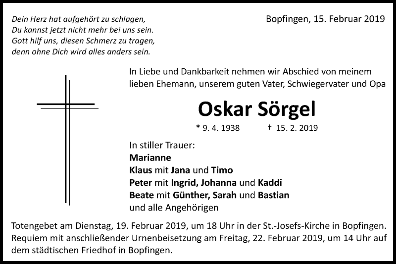  Traueranzeige für Oskar Sörgel vom 18.02.2019 aus Schwäbische Post