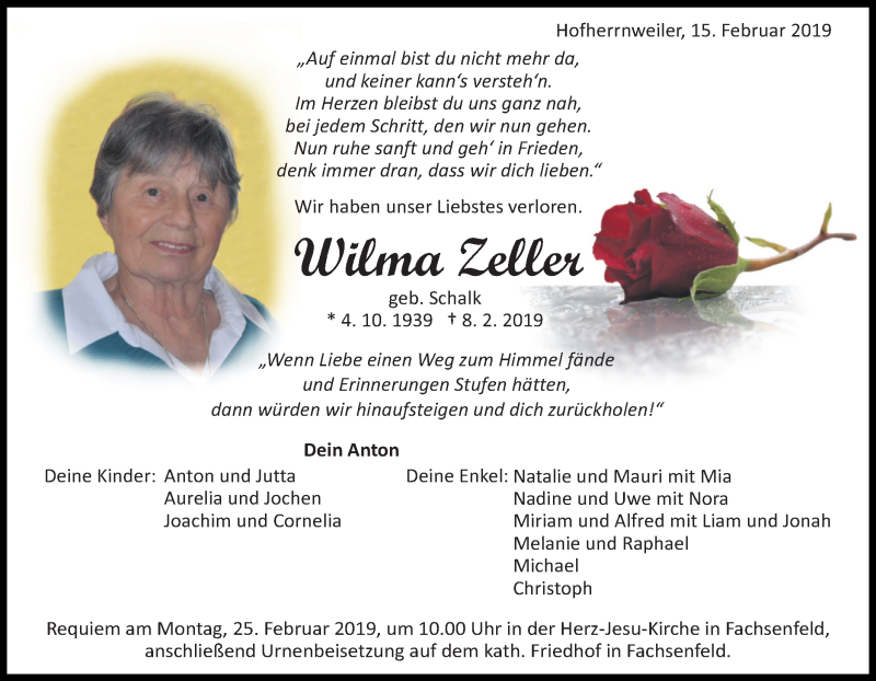  Traueranzeige für Wilma Zeller vom 15.02.2019 aus Schwäbische Post