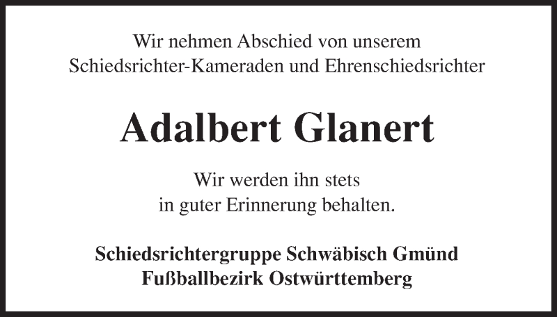  Traueranzeige für Adalbert Glanert vom 11.02.2019 aus Gmünder Tagespost
