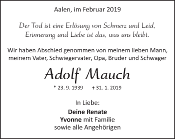 Traueranzeige von Adolf Mauch von Schwäbische Post
