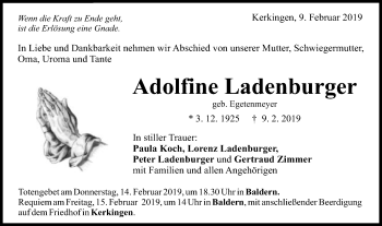 Traueranzeige von Adolfine Ladenburger von Schwäbische Post