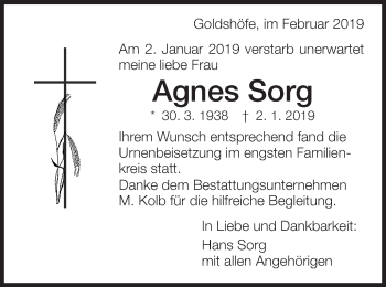 Traueranzeige von Agnes Sorg von Schwäbische Post