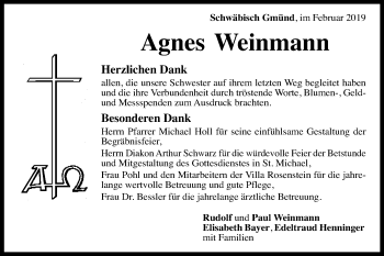 Traueranzeige von Agnes Weinmann von Gmünder Tagespost