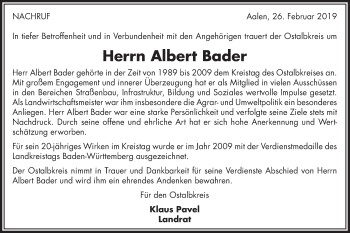 Traueranzeige von Albert Bader