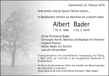 Traueranzeige von Albert Bader von Gmünder Tagespost