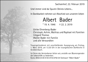 Traueranzeige von Albert Bader