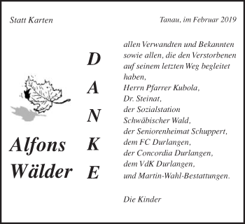 Traueranzeige von Alfons Wälder von Gmünder Tagespost