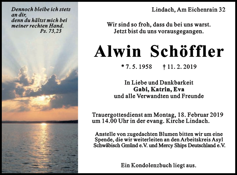  Traueranzeige für Alwin Schöffler vom 14.02.2019 aus Gmünder Tagespost