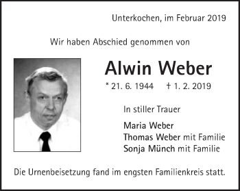 Traueranzeige von Alwin Weber von Schwäbische Post