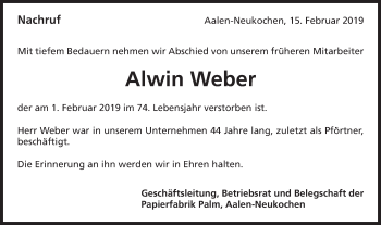 Traueranzeige von Alwin Weber von Schwäbische Post