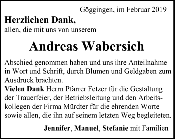 Traueranzeige von Andreas Wabersich von Gmünder Tagespost
