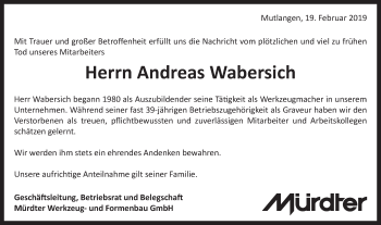 Traueranzeige von Andreas Wabersich von Gmünder Tagespost