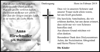 Traueranzeige von Anna Hirschmiller von Gmünder Tagespost