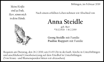 Traueranzeige von Anna Steidle von Gmünder Tagespost