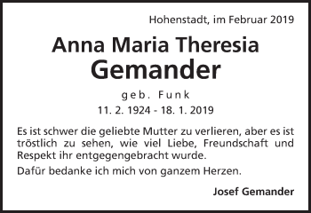 Traueranzeige von Anna Maria Theresia Gemander von Kocher-Lein-Bote