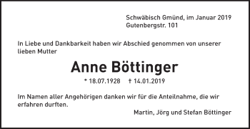Traueranzeige von Anne Böttinger von Gmünder Tagespost