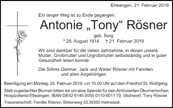Traueranzeige von Antonie Rösner von Schwäbische Post