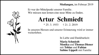 Traueranzeige von Artur Schmiedt von Gmünder Tagespost