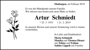 Traueranzeige von Artur Schmiedt