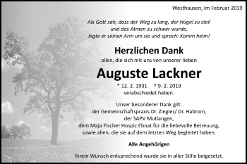 Traueranzeige von Auguste Lackner von Schwäbische Post