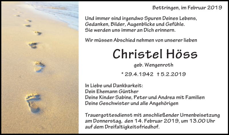 Traueranzeige für Christel Höss vom 09.02.2019 aus Gmünder Tagespost