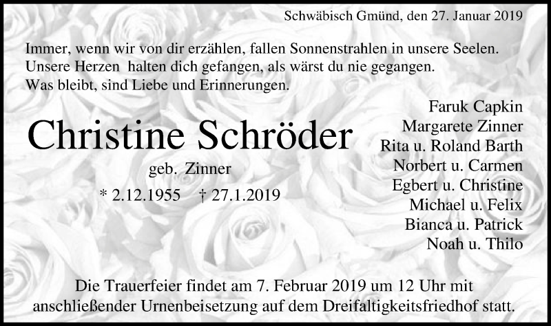  Traueranzeige für Christine Schröder vom 04.02.2019 aus Gmünder Tagespost