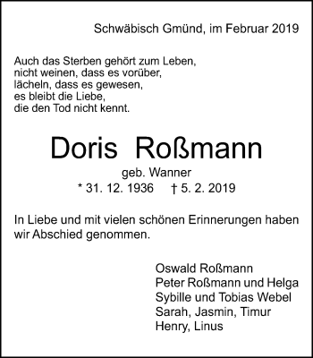Traueranzeige von Doris Roßmann von Gmünder Tagespost