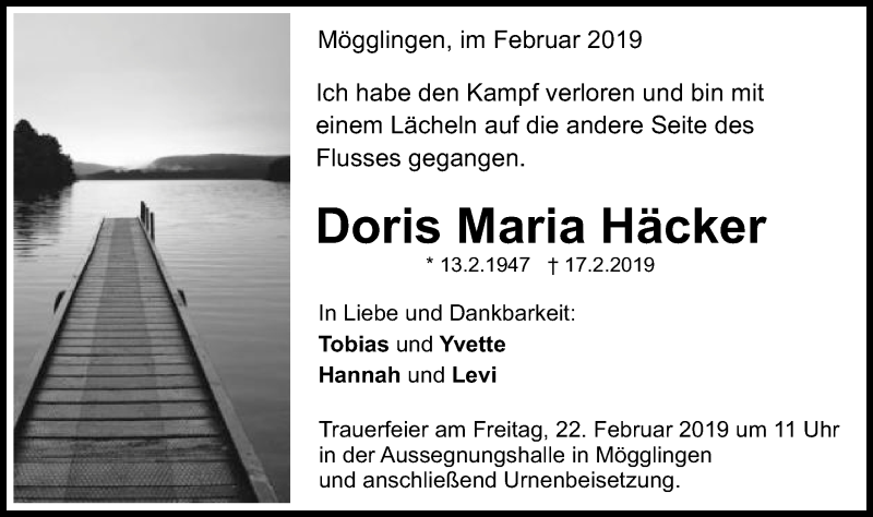  Traueranzeige für Doris Maria Häcker vom 20.02.2019 aus Gmünder Tagespost