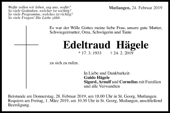 Traueranzeige von Edeltraud Hägele von Gmünder Tagespost