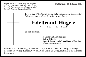 Traueranzeige von Edeltraud Hägele