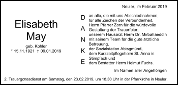 Traueranzeige von Elisabeth May von Schwäbische Post