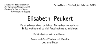 Traueranzeige von Elisabeth Peukert von Gmünder Tagespost