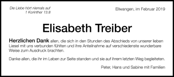 Traueranzeige von Elisabeth Treiber von Schwäbische Post
