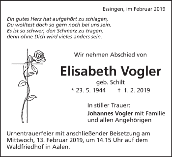 Traueranzeige von Elisabeth Vogler von Schwäbische Post
