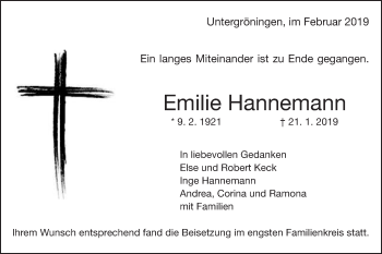 Traueranzeige von Emilie Hannemann von Kocher-Lein-Bote