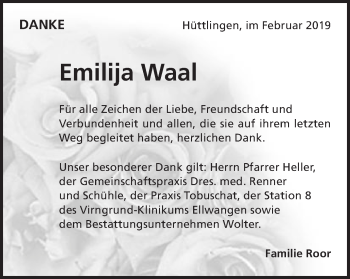 Traueranzeige von Emilija Waal von Schwäbische Post