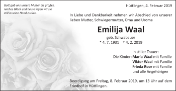 Traueranzeige von Emilija Waal von Schwäbische Post