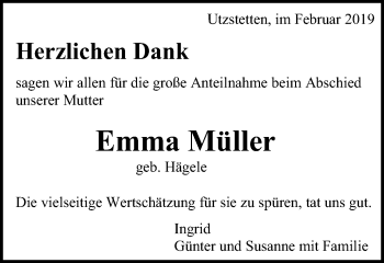 Traueranzeige von Emma Müller von Gmünder Tagespost