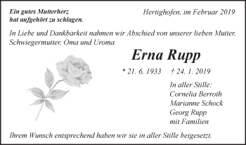 Traueranzeige von Erna Rupp von Gmünder Tagespost