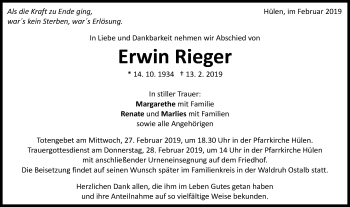Traueranzeige von Erwin Rieger von Schwäbische Post