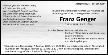 Traueranzeige von Franz Genger von Schwäbische Post