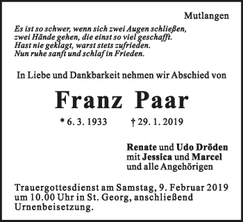 Traueranzeige von Franz Paar von Gmünder Tagespost