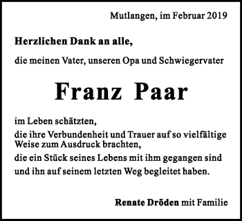 Traueranzeige von Franz Paar von Gmünder Tagespost