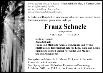 Traueranzeige von Franz Schnele von Schwäbische Post