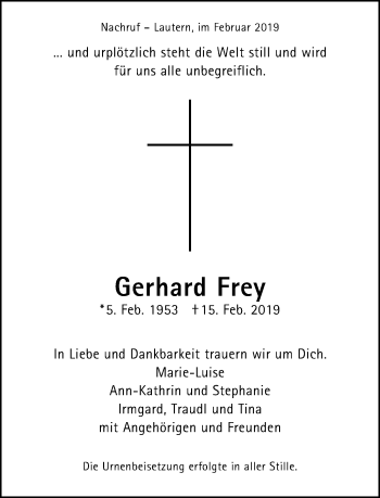 Traueranzeige von Gerhard Frey von Gmünder Tagespost