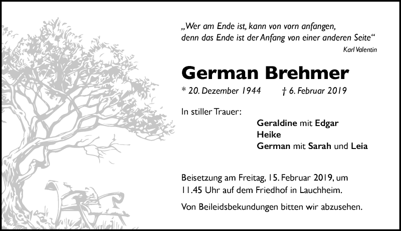  Traueranzeige für German Brehmer vom 13.02.2019 aus Schwäbische Post