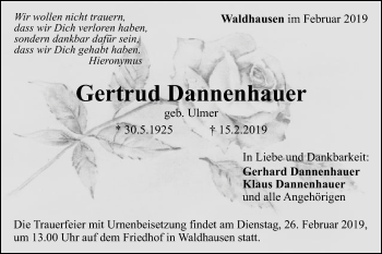 Traueranzeige von Gertrud Dannenhauer von Gmünder Tagespost