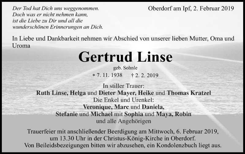  Traueranzeige für Gertrud Linse vom 04.02.2019 aus Schwäbische Post