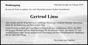 Traueranzeige von Gertrud Linse von Schwäbische Post