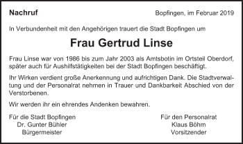 Traueranzeige von Gertrud Linse von Bopfinger Stadtanzeiger